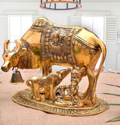 DARIDRA BHANJAN Handicrafts Oxidised Metal God Printed Cow and Calf with Little Krishna Statue Decorative Showpiece  -  13 cm(Brass, Gold)