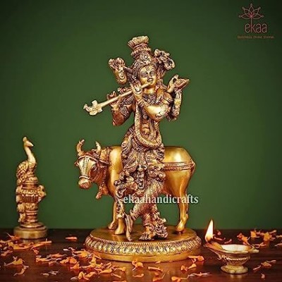 Ekaa Handicraft Lord Krishna Statue with Cow Home Temple Idol Gopal Krishna Decorative Showpiece  -  25 cm(Brass, Gold)