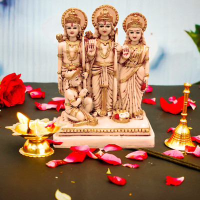 Kitlyn Marble Finish Ram Darbar Statue Murti Lord Ram Darbar idol, Hanuman Statue, Decorative Showpiece  -  20 cm(Polyresin, Gold, Beige)