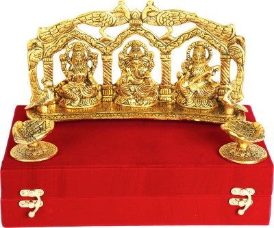 GIFTCITY Metal Laxmi Ganesh Saraswati Idol With 2 Diya in Velvet Box Decorative Showpiece  -  6 cm(Metal, Gold Plated, Gold)