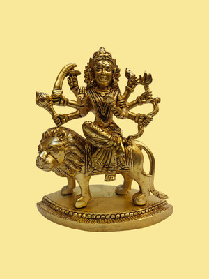 Brass idol Brass Durga Statue on Lion, Hindu Deity Idol, 19 cm Height, 2.53 kg Decorative Showpiece  -  19 cm(Brass, Gold)