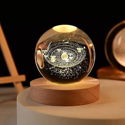 Jet 3D Crystal Ball LED Night Light – USB Wooden Base with Solar System Design Decorative Showpiece  -  3 cm(Brass, Multicolor)