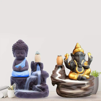Found Fit Siyaram Smoke Backflow Combo Buddha & Ganesh Ji Idol With 10 Smoke Cones Decorative Showpiece  -  10 cm(Polyresin, Multicolor)