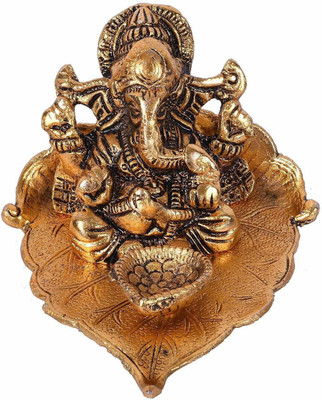 PUCHCHI Leaf Ganesha with deepak Decorative Showpiece  -  6.8 cm(Aluminium, Gold)