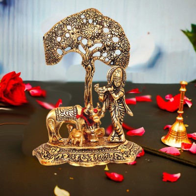 Kitlyn Gift Items Metal Krishna Ji with Cow and Calf Standing Under Tree Playing Flute Decorative Showpiece  -  15 cm(Metal, Gold)