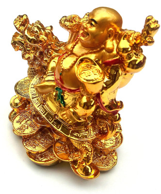 Mohangifts Laughing Buddha Happy Man riding Dragon Medium size Decorative Showpiece  -  13 cm(Polyresin, Gold)