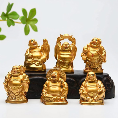 CRYSTALPALACE Feng Shui Chinese Happy Man Laughing Buddha 6 Different Poses Set Decorative Showpiece  -  3 cm(Resin, Gold)