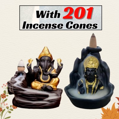 MurtiMall Handcrafted Ganesha and Hanuman Idols Combo Pack with 201 Incense Cones Decorative Showpiece  -  12 cm(Polyresin, Clear)