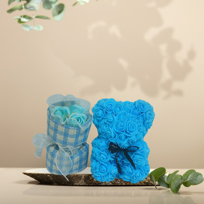 THE CLASSY CONCEPT The Classy Concept Forever Bloom Rose Teddy Decorative Showpiece  -  12 cm(Jute, Blue)