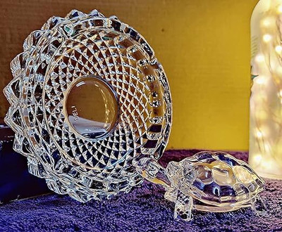 Divya Ratan Crystal Turtle/Tortoise with Plate, Fengshui Vastu Decorative Showpiece  -  10 cm(Crystal, White)