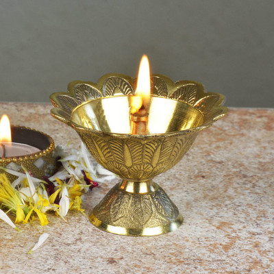 T-KA108 Kuber devdas engraved Deepak Diya Oil Lamp for Puja Brass Table Diya(Height: 1.5 inch)