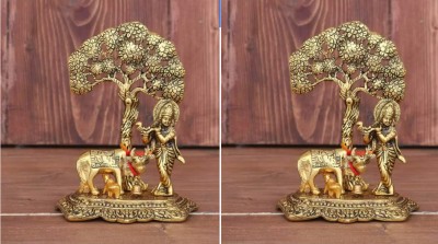 Chhariya Crafts Metal Krishna with Cow Standing Under Tree Plying Flute with Pack of 2 Decorative Showpiece  -  17 cm(Metal, Brown)