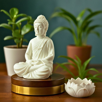 Magic Creation Magic Creation White Buddha 5 Inch & Lotus Combo | Polyresin Home Décor Gift Decorative Showpiece  -  12.7 cm(Polyresin, White)