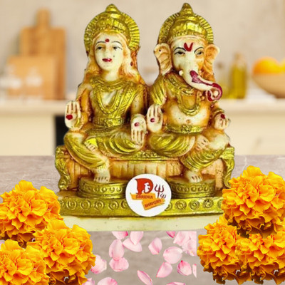 sanskaari Laxmi Ganesha idol, Laxmi Ganesh Murti, Laxmi Ganesh Statue Decorative Showpiece  -  25 cm(Marble, Brown)
