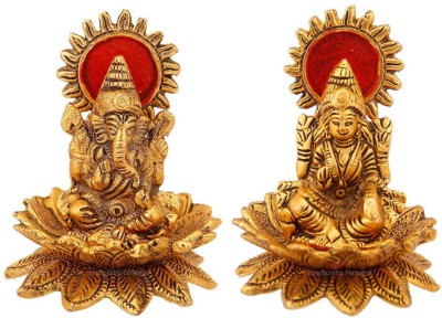 DARIDRA BHANJAN Lotus Sitting Lord Lakshmi/Ganesha Laxmi/Ganesh Golden Brass Statue Decorative Showpiece  -  10 cm(Metal, Gold)