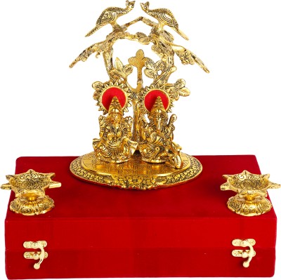 Delhi Gift House Gold Plated Laxmi Ganesh Murti Under Tree With 2Pcs Diya One Red beautiful Box Decorative Showpiece  -  18 cm(Metal, Gold Plated, Gold)