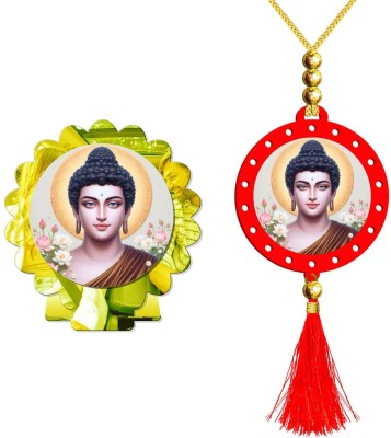 SANBIA Gautam Buddha Mahavira Siddhartha Car Dashboard Idol & Car Hanging Combo Decorative Showpiece  -  8 cm(Plastic, Multicolor, Gold)