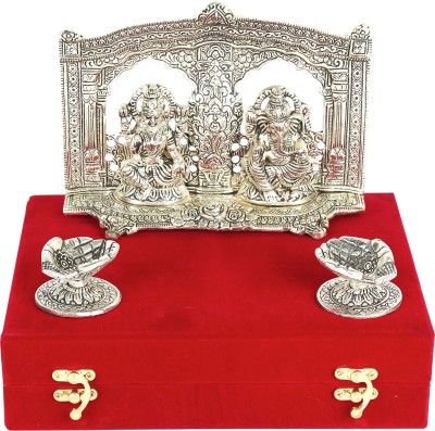 Delhi Gift House Silver Laxmi Ganesh God Murti Idol In Red Velvet Box With 2 Pcs Diya Decorative Showpiece  -  21 cm(Metal, Silver Plated, Silver)