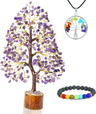 Hindcraft Amethyst Crystal Tree- Golden Wire, Tree Of Life Pendant & Lava Bracelet Decorative Showpiece  -  25 cm(Crystal, Purple)