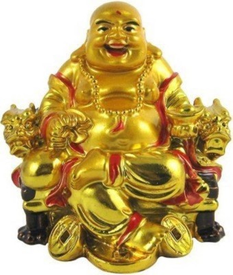 9tees Mart Vastu Fengshui Happy Man/Laughing Buddha Sitting On Chair For Health Wealth Decorative Showpiece  -  7 cm(Polyresin, Resin, Gold)