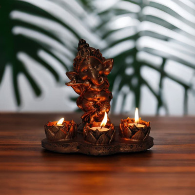 Miss Peach Resin T-lite Ganesh Statue Home Décor Showpiece Marriage Gift items Show Pieces Decorative Showpiece  -  16 cm(Polyresin, Gold)