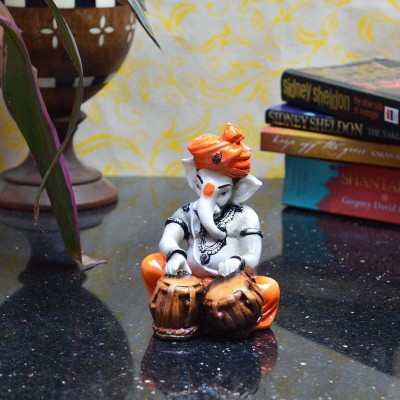 eCraftIndia Lord Ganesha Playing Tabla Decorative Showpiece  -  12.7 cm(Polyresin, Orange, Brown)
