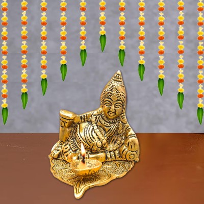 Kitlyn Kuber Statue with Deepam Oil lamp for Good Luck Vastu Prosperity and Wealth Decorative Showpiece  -  9 cm(Brass, Gold)