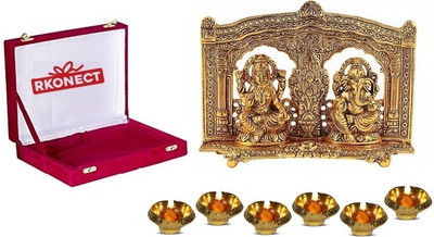RKONECT Golden Laxmi Ganesh idol Murti With 6 Piece Diya Under Box, Diwali Gift Decorative Showpiece  -  16 cm(Gold Plated, Metal, Gold)