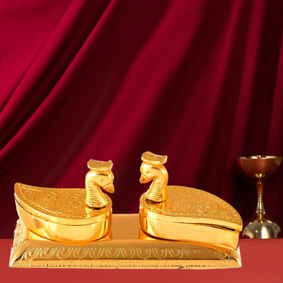 NOKTUS Double Duck With Kumkum Box Set, Roli, Chawal, Haldi, Chandan etc Decorative Showpiece  -  4.5 cm(Metal, Gold)