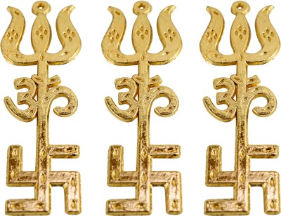 HAWAI Golden Spiritually Energized Brass Trishakti Trishul Om Swastika Yantra (set 3) Decorative Showpiece  -  9 cm(Brass, Gold)