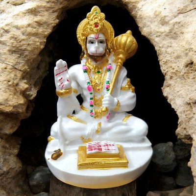 AVG ARTISTRY Sitting Lord Hanuman Ji Idol in WhiteGold - Resin/Marble Statue Decorative Showpiece  -  9 cm(Polyresin, White, Gold)