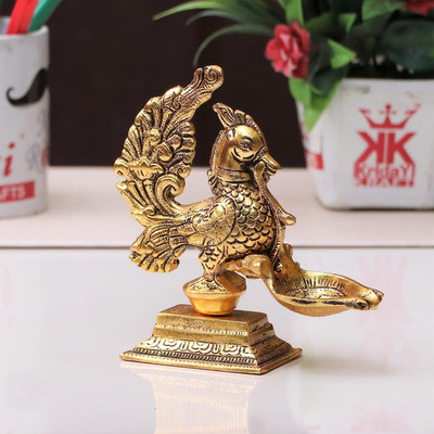 KridayKraft Peacock Oil Lamp Diya Antique Lipakshi Diya Decorative Showpiece  -  15 cm(Aluminium, Gold)