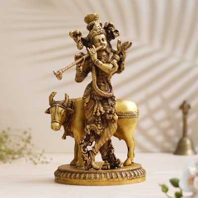 shyam antique creation 10 Inch Krishna Standing With Cow Murti Big Kanha Playing Flute Idol Statue Decorative Showpiece  -  25.4 cm(Brass, Gold)