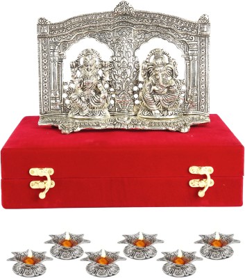 Delhi Gift House Metal Laxmi Ganesh God Murti Idol In Red Velvet Box With 6 Pcs Diya Decorative Showpiece  -  21 cm(Metal, Silver Plated, Silver)