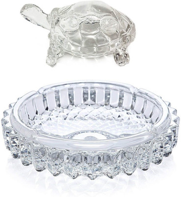 MIR Glass Crystal Tortoise with Pond - Fang Shui Vastu Set - (Tortoise Size 8 X 6 cm & Tray Diameter 12 cm) - Best Gift for Career and Luck Decorative Showpiece  -  12 cm(Glass, Clear)
