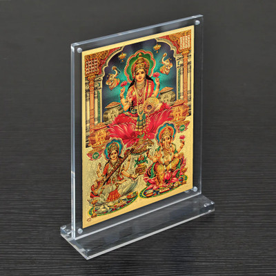 HAWAI Gold Plated Maha Laxmi Saraswati Ganesh Transparent Acrylic Frame Religious Decorative Showpiece  -  20 cm(Fiber, Multicolor)