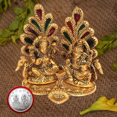 NOKTUS Maa Lakshmi With God Ganesha Murti Set - Diya Stand/Oil Deepak - Puja Coin Decorative Showpiece  -  13 cm(Brass, Gold)