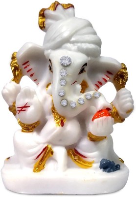 De-Ultimate Marble Dust Pagadi 4 Hand Ganesha/Bappa with Mushak/Modak for Home Decoration Decorative Showpiece  -  9 cm(Marble, White, Gold)