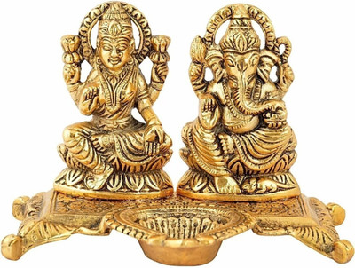 Aanshi shoppe Brass Statue/Murti/Figure Diya Lord Lakshmi Ganesha Set Decorative Showpiece  -  10 cm(Brass, Gold)