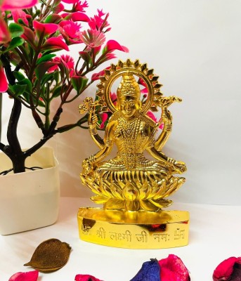 DARIDRA BHANJAN Laxmi Devi Idol Statue Figurine Sculpture Maa Lakshmi Sitting on Lotus Flower Decorative Showpiece  -  12 cm(Metal, Yellow)