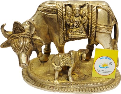 ARISERS Brass Kamdhenu cow and calf statue For Home and Décor Decorative Showpiece  -  9 cm(Brass, Gold)