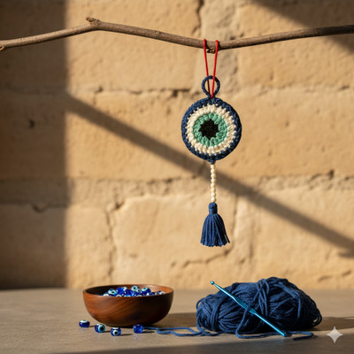Rachna Handmade Work Handmade Crochet Evil Eye Bag Charm Nazar Protection Keychain GoodLuck Accessory Decorative Showpiece  -  10 cm(Fabric, Blue, White)