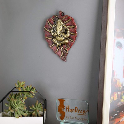 Green Tales Decorative Red Leave Ganesha on Patta Metal Wall Hanging Showpiece Decorative Showpiece  -  12 cm(Brass, Red)