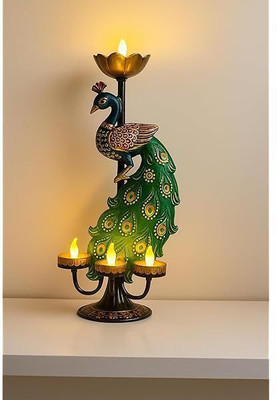 prisma collection Peacock Diya Tea Light Candle Holder Decorative Showpiece Decorative Showpiece  -  6 cm(Metal, Green)