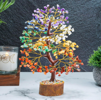 UNIQUESCRYSTAL Seven Chakra Crystal Tree | Handcrafted Good Luck Feng Shui Tree Decorative Showpiece  -  10 cm(Crystal, Multicolor)
