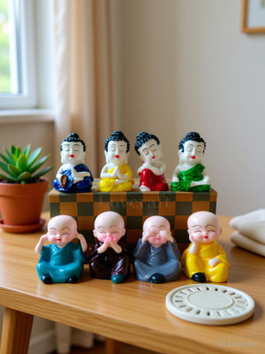 Luvcraft Set of 8 Baby Buddha and Monk Figurines for Home Decor , Vaastu Decor| Fengshui Decorative Showpiece  -  8 cm(Polyresin, Multicolor)