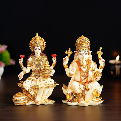 DREAM CRAFTER Goddess Lakshmi Ganesh Statue Handpainted Resin Lakshmi Ganesha Statue Decorative Showpiece  -  17 cm(Resin, Gold)