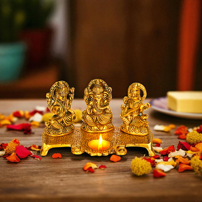 SBBCO Laxmi Ganesh Saraswati With Diya On Leaf Decorative Showpiece  -  11 cm(Metal, Gold)