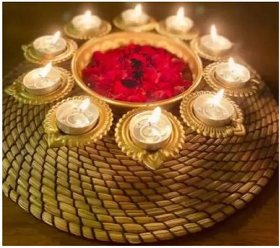 QinPin Decorative Urli Bowl Handcrafted Round Diya Shape Candles for Diwali, Pooja Brass Table Diya Set(Height: 9 inch)