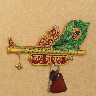 Neo Classic Key Holder Krishna Flute & Moor Pankhi with 3 Hooks Decorative Showpiece  -  15 cm(Aluminium, Multicolor)